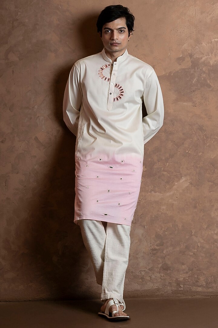 White-Pink Ombre Cotton Blend Mirror Work Kurta by VAANI BESWAL MEN at Pernia's Pop Up Shop