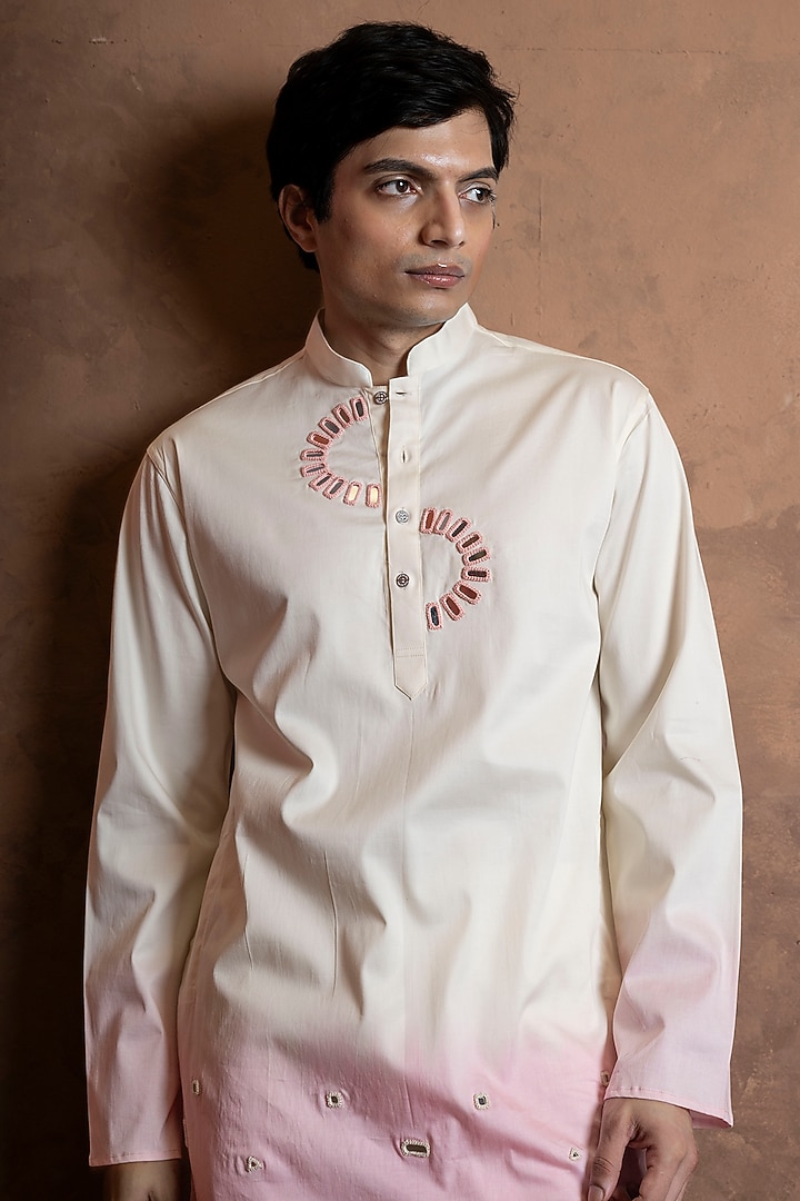 White-Pink Ombre Cotton Blend Mirror Work Kurta by VAANI BESWAL MEN at Pernia's Pop Up Shop