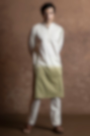 White-Sage Green Ombre Cotton Blend Mirror Work Kurta by VAANI BESWAL MEN at Pernia's Pop Up Shop
