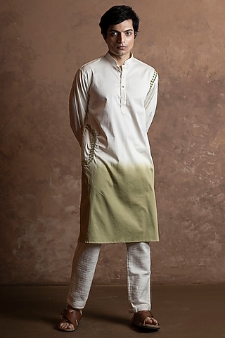 White-Sage Green Ombre Cotton Blend Mirror Work Kurta by VAANI BESWAL MEN