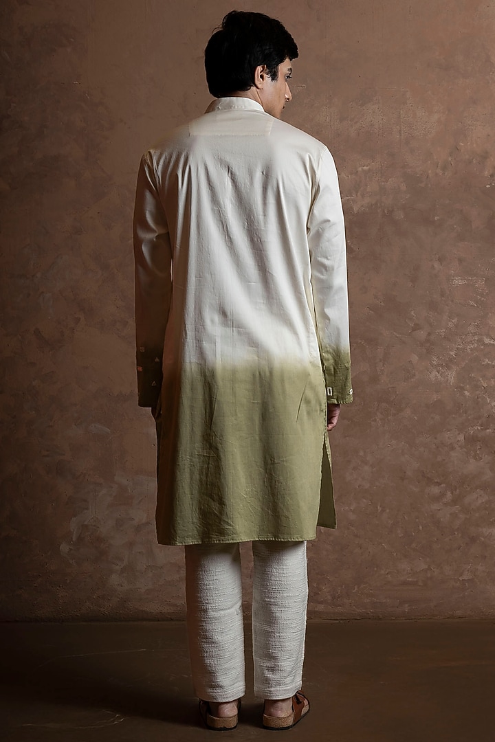 White-Sage Green Ombre Cotton Blend Mirror Work Kurta by VAANI BESWAL MEN at Pernia's Pop Up Shop