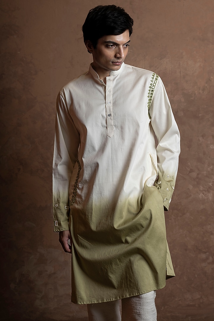 White-Sage Green Ombre Cotton Blend Mirror Work Kurta by VAANI BESWAL MEN at Pernia's Pop Up Shop