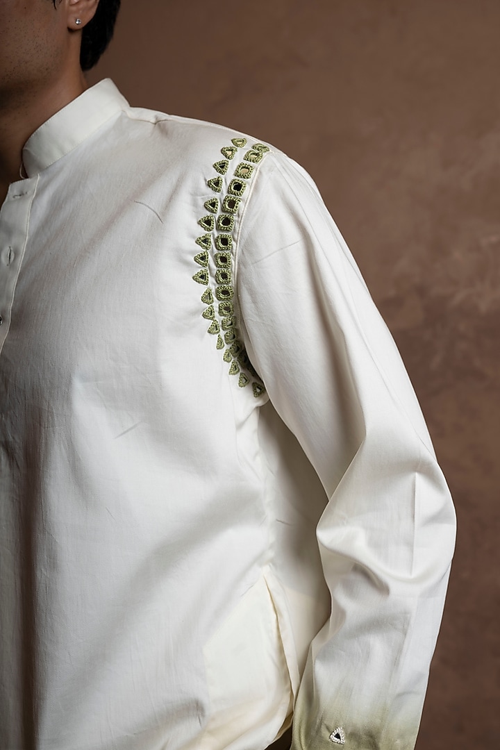 White-Sage Green Ombre Cotton Blend Mirror Work Kurta by VAANI BESWAL MEN at Pernia's Pop Up Shop