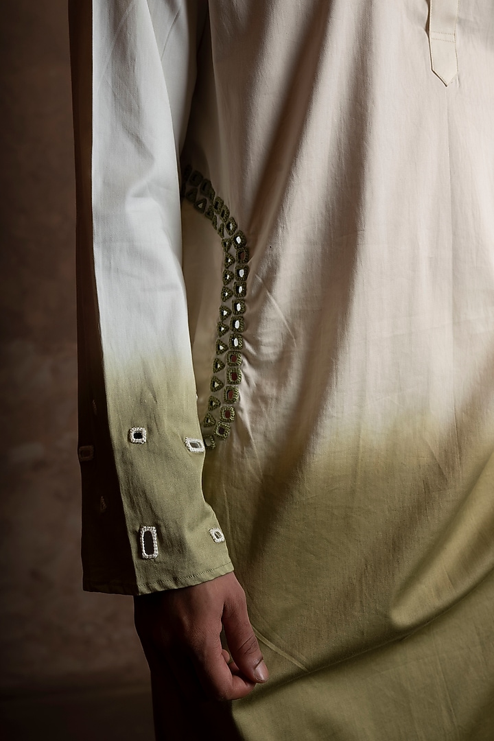 White-Sage Green Ombre Cotton Blend Mirror Work Kurta by VAANI BESWAL MEN at Pernia's Pop Up Shop