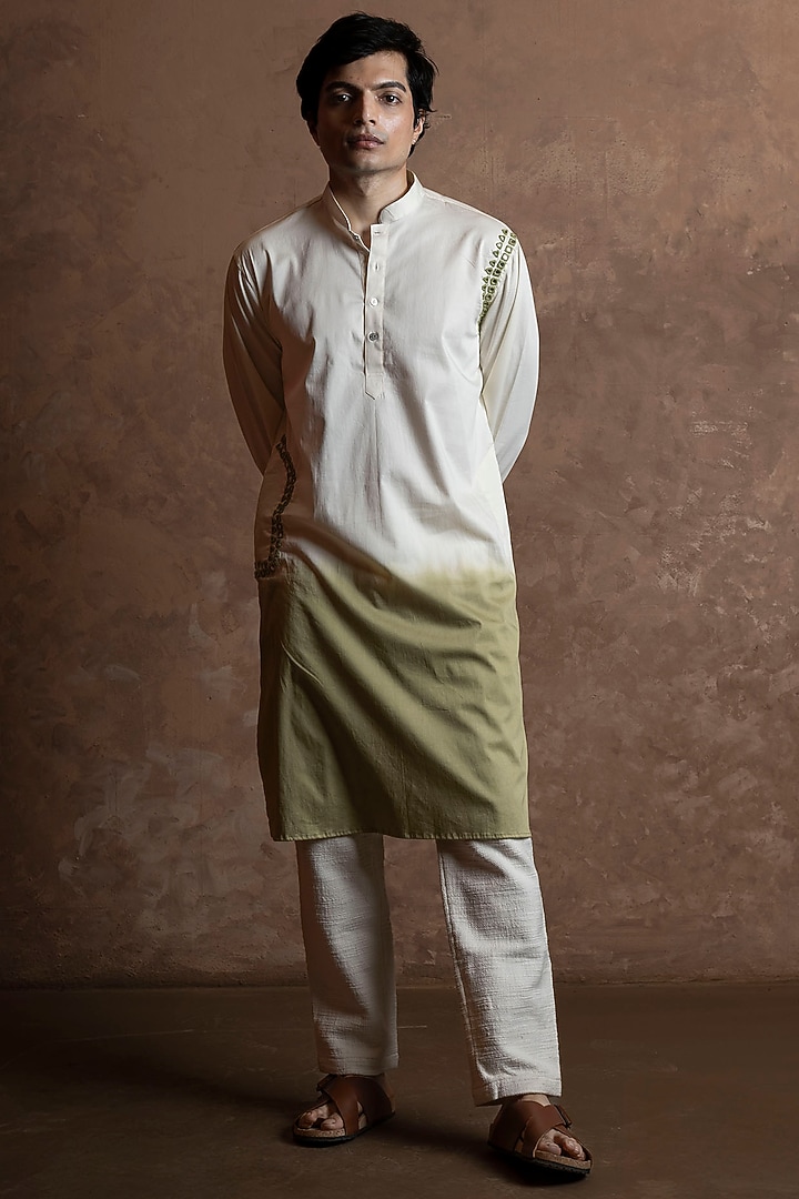 White-Sage Green Ombre Cotton Blend Mirror Work Kurta by VAANI BESWAL MEN at Pernia's Pop Up Shop