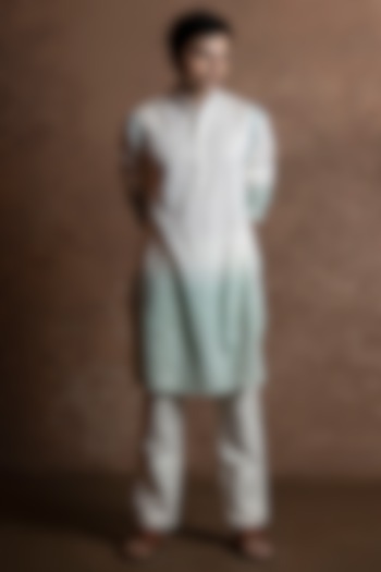 White-Soft Mint Ombre Cotton Blend Mirror Work Kurta by VAANI BESWAL MEN at Pernia's Pop Up Shop