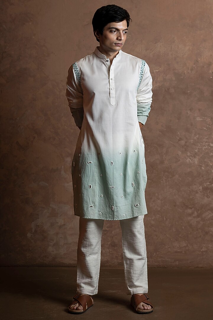 White-Soft Mint Ombre Cotton Blend Mirror Work Kurta by VAANI BESWAL MEN at Pernia's Pop Up Shop