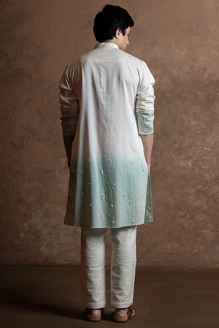 White-Soft Mint Ombre Cotton Blend Mirror Work Kurta by VAANI BESWAL MEN at Pernia's Pop Up Shop