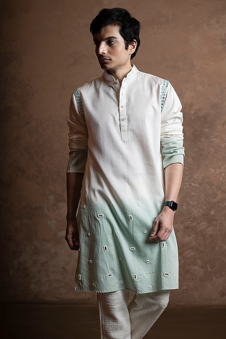White-Soft Mint Ombre Cotton Blend Mirror Work Kurta by VAANI BESWAL MEN at Pernia's Pop Up Shop