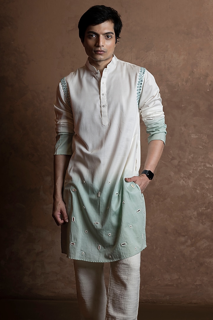 White-Soft Mint Ombre Cotton Blend Mirror Work Kurta by VAANI BESWAL MEN at Pernia's Pop Up Shop