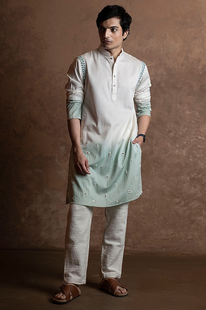 White-Soft Mint Ombre Cotton Blend Mirror Work Kurta by VAANI BESWAL MEN at Pernia's Pop Up Shop