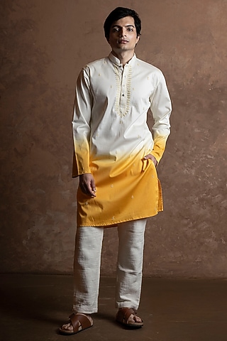 Yellow Toned Cotton Embroidered Kurta by VAANI BESWAL MEN