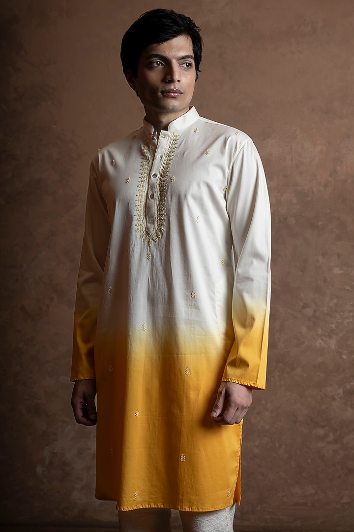 Yellow Toned Cotton Embroidered Kurta by VAANI BESWAL MEN at Pernia's Pop Up Shop