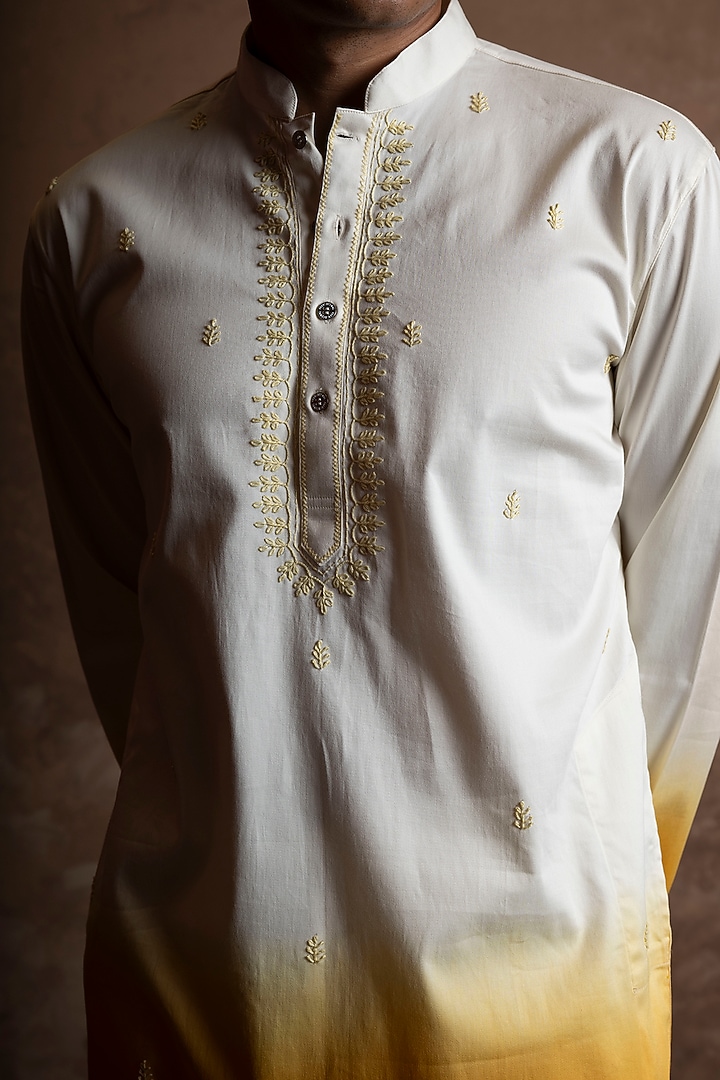 Yellow Toned Cotton Embroidered Kurta by VAANI BESWAL MEN at Pernia's Pop Up Shop
