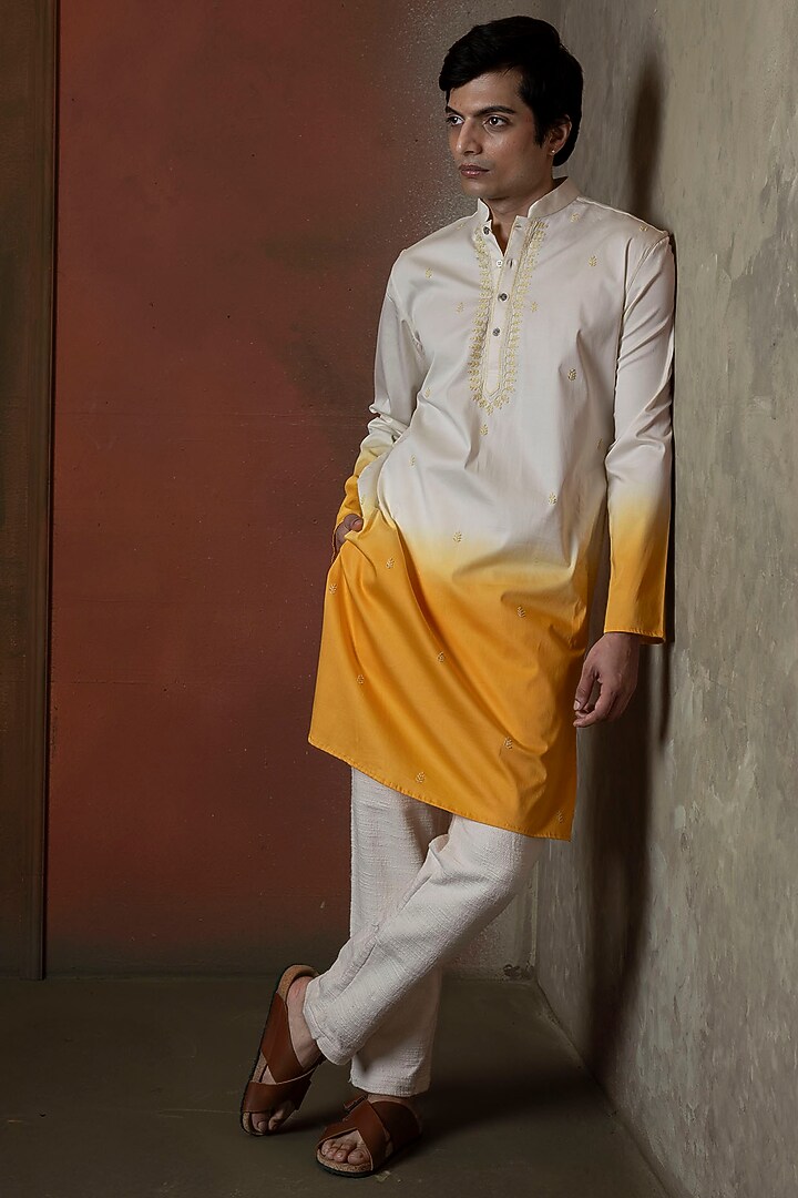 Yellow Toned Cotton Embroidered Kurta by VAANI BESWAL MEN at Pernia's Pop Up Shop