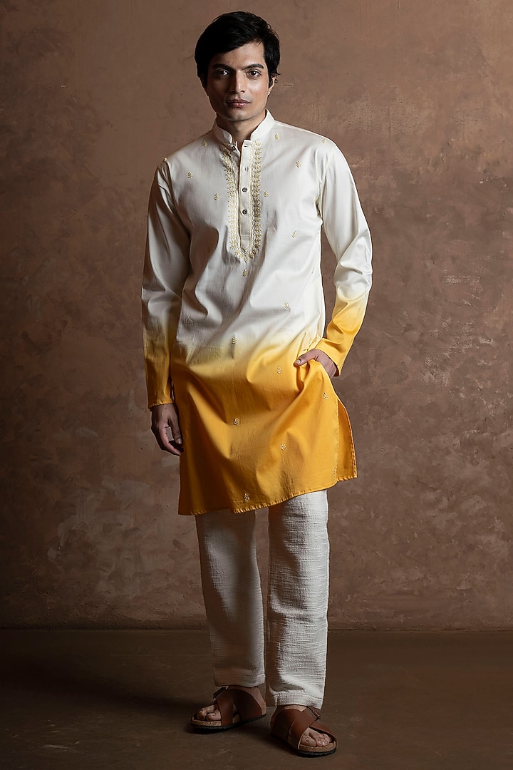 Yellow Toned Cotton Embroidered Kurta by VAANI BESWAL MEN at Pernia's Pop Up Shop