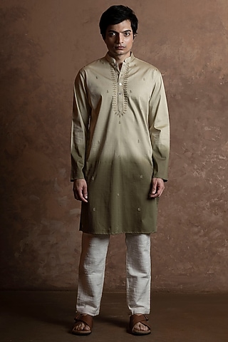 Olive Green Toned Cotton Embroidered Kurta by VAANI BESWAL MEN