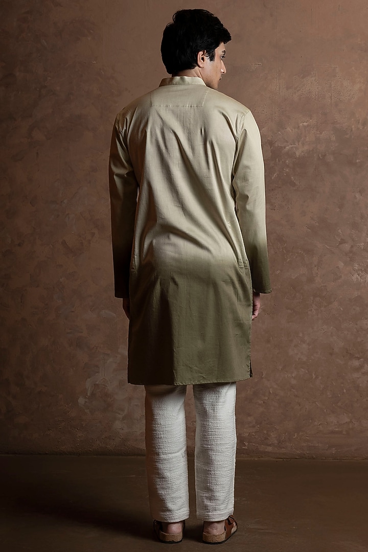 Olive Green Toned Cotton Embroidered Kurta by VAANI BESWAL MEN at Pernia's Pop Up Shop