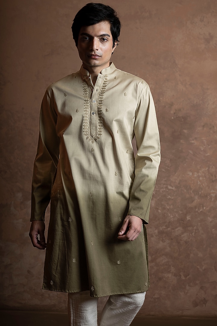 Olive Green Toned Cotton Embroidered Kurta by VAANI BESWAL MEN at Pernia's Pop Up Shop