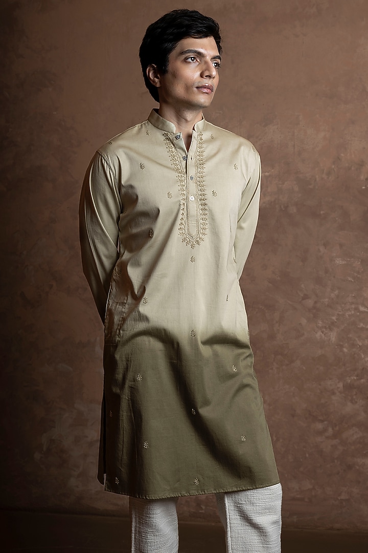 Olive Green Toned Cotton Embroidered Kurta by VAANI BESWAL MEN at Pernia's Pop Up Shop