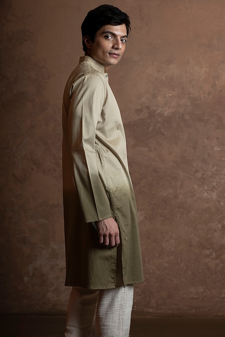 Olive Green Toned Cotton Embroidered Kurta by VAANI BESWAL MEN at Pernia's Pop Up Shop