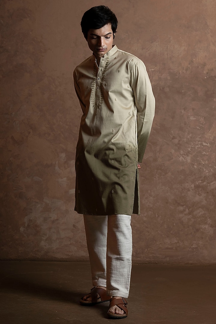 Olive Green Toned Cotton Embroidered Kurta by VAANI BESWAL MEN at Pernia's Pop Up Shop