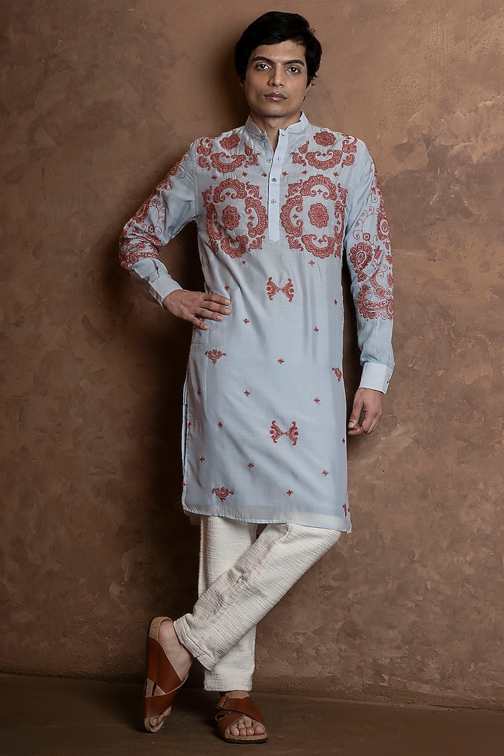 Sky Blue Muslin Embroidered Kurta by VAANI BESWAL MEN at Pernia's Pop Up Shop