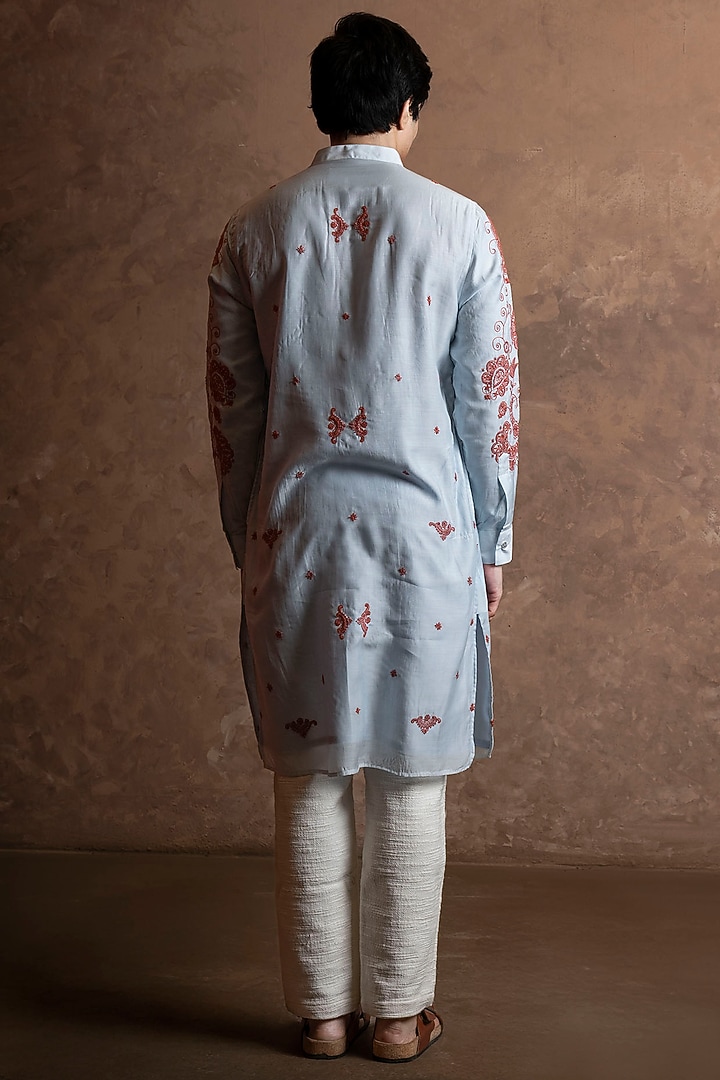 Sky Blue Muslin Embroidered Kurta by VAANI BESWAL MEN at Pernia's Pop Up Shop