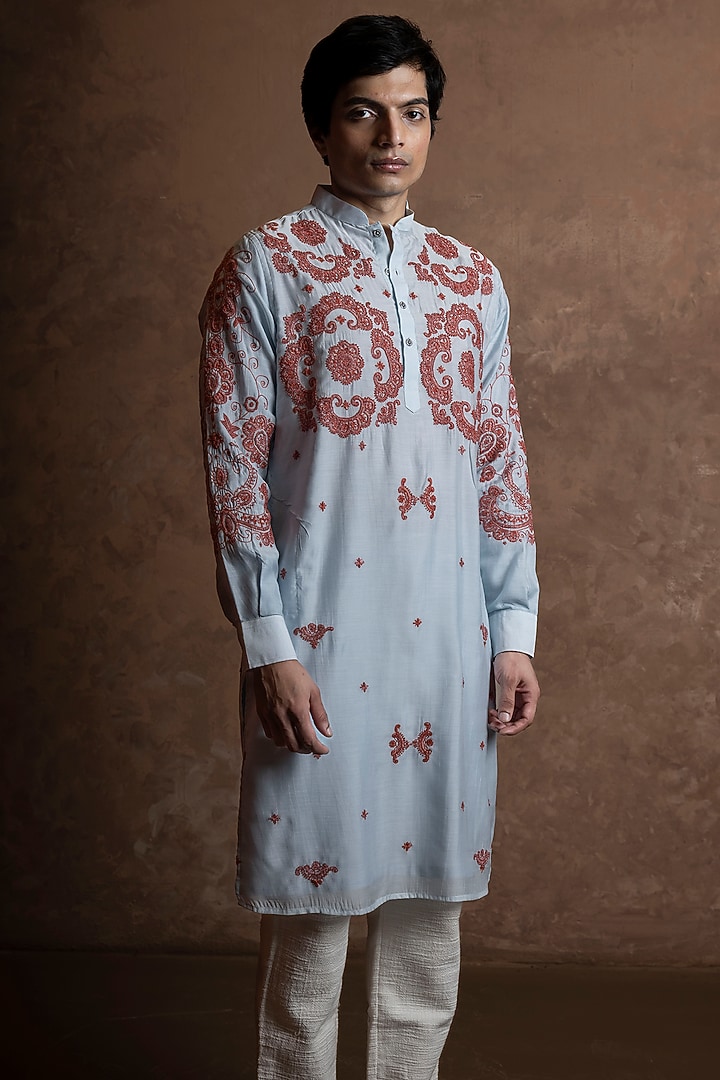 Sky Blue Muslin Embroidered Kurta by VAANI BESWAL MEN at Pernia's Pop Up Shop