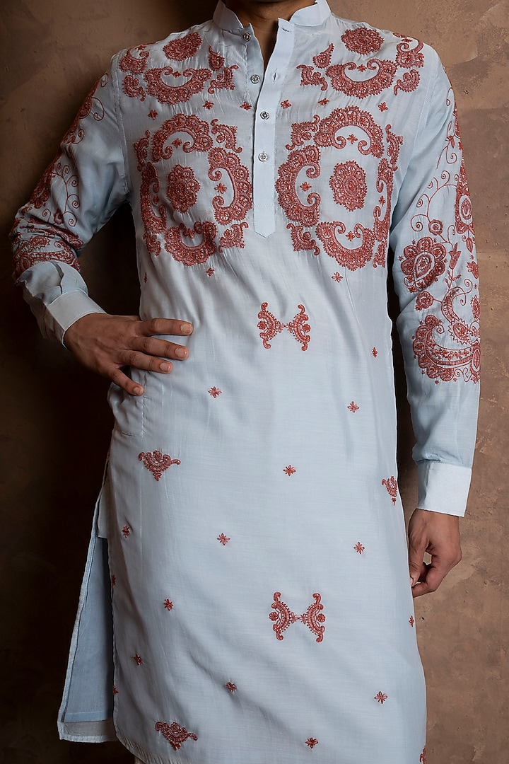 Sky Blue Muslin Embroidered Kurta by VAANI BESWAL MEN at Pernia's Pop Up Shop