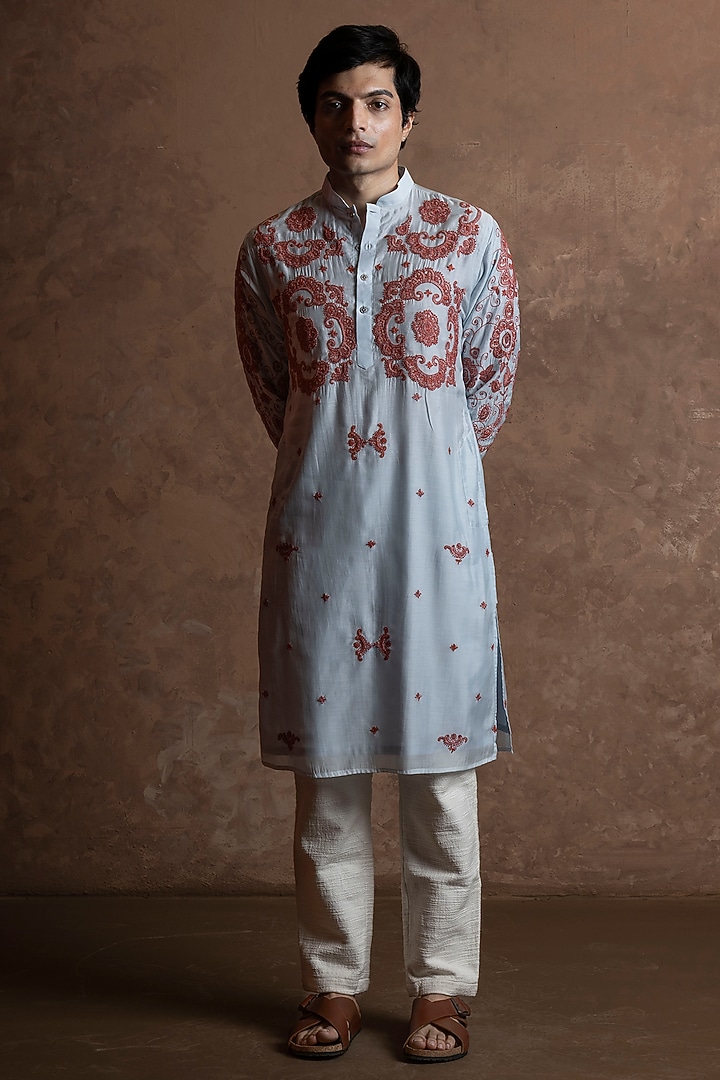 Sky Blue Muslin Embroidered Kurta by VAANI BESWAL MEN at Pernia's Pop Up Shop