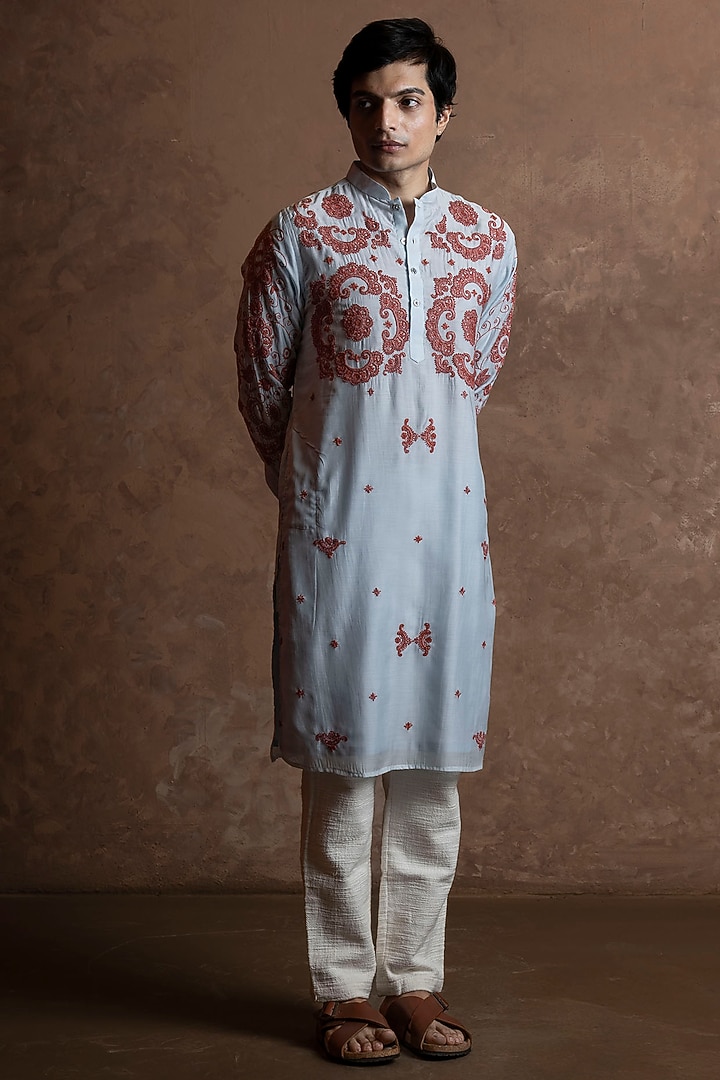 Sky Blue Muslin Embroidered Kurta by VAANI BESWAL MEN at Pernia's Pop Up Shop