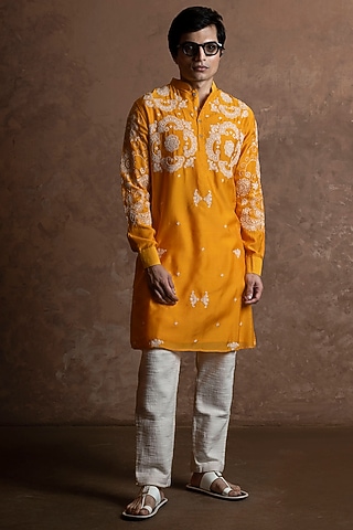 Yellow Muslin Embroidered Kurta by VAANI BESWAL MEN