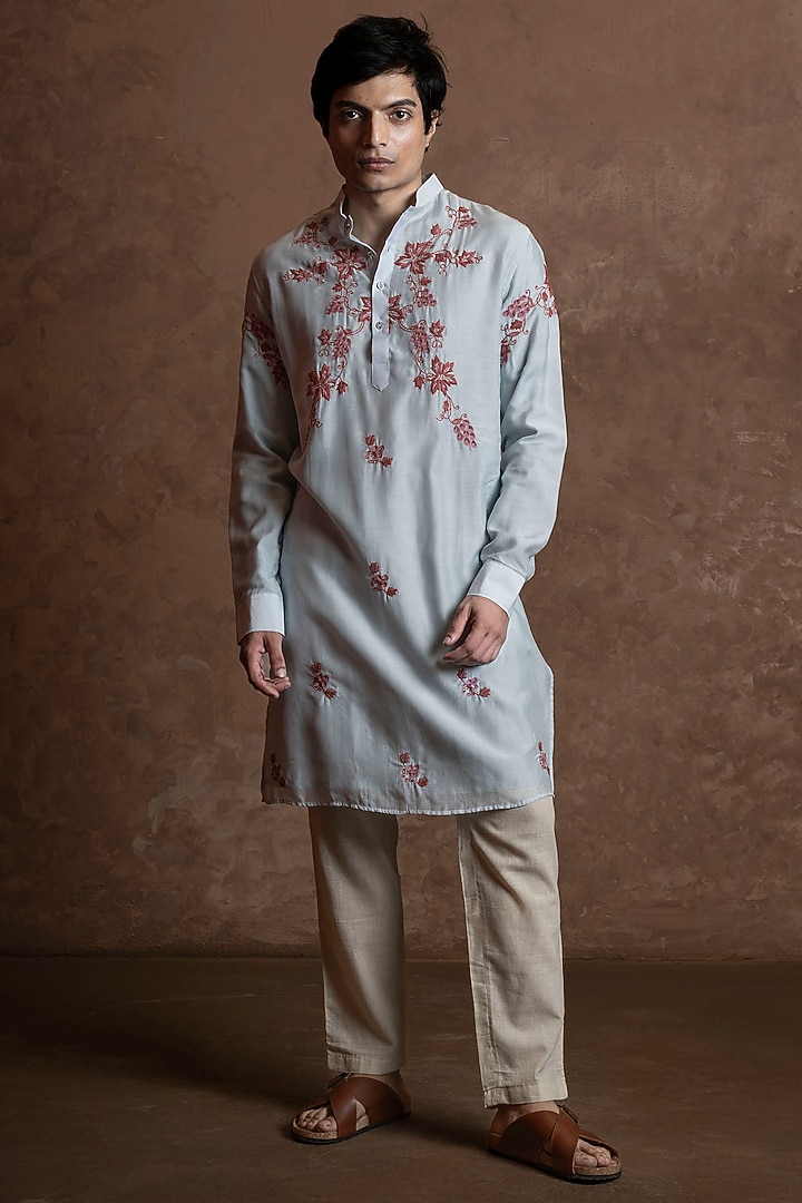 Sky Blue Muslin Floral Embroidered Kurta by VAANI BESWAL MEN at Pernia's Pop Up Shop