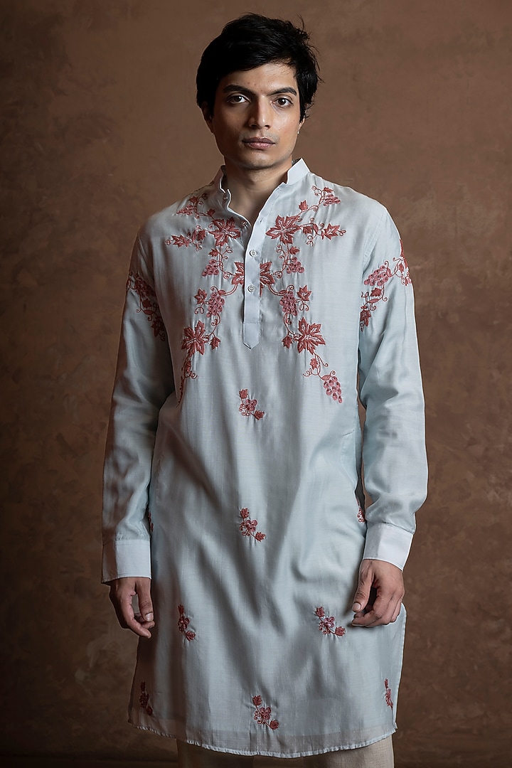 Sky Blue Muslin Floral Embroidered Kurta by VAANI BESWAL MEN at Pernia's Pop Up Shop