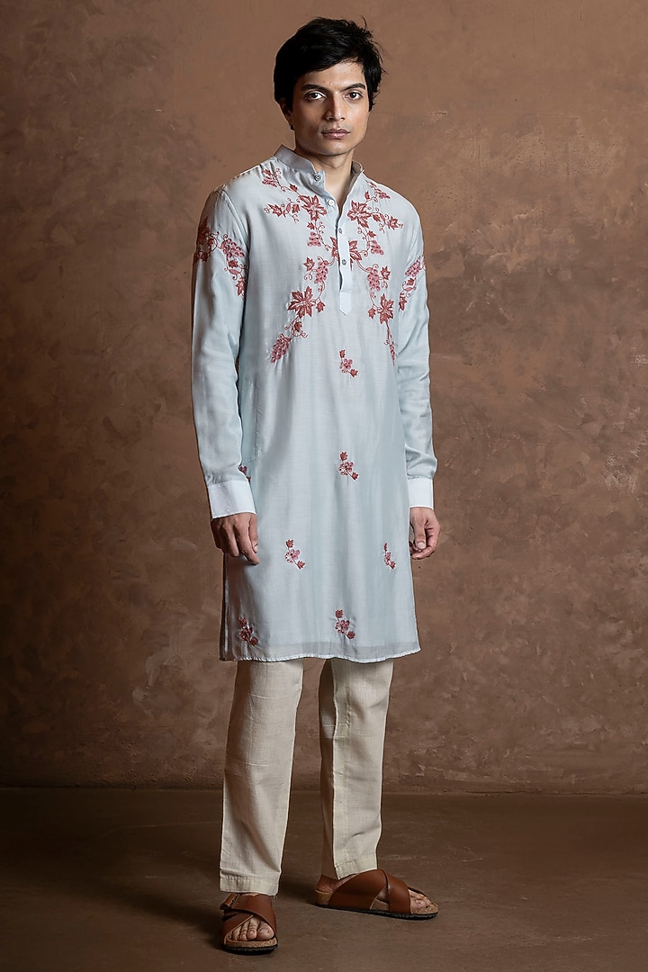 Sky Blue Muslin Floral Embroidered Kurta by VAANI BESWAL MEN at Pernia's Pop Up Shop
