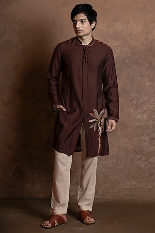 Deep Brown Muslin Embroidered Kurta by VAANI BESWAL MEN
