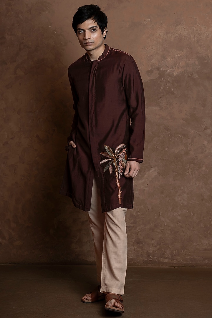 Deep Brown Muslin Embroidered Kurta by VAANI BESWAL MEN at Pernia's Pop Up Shop