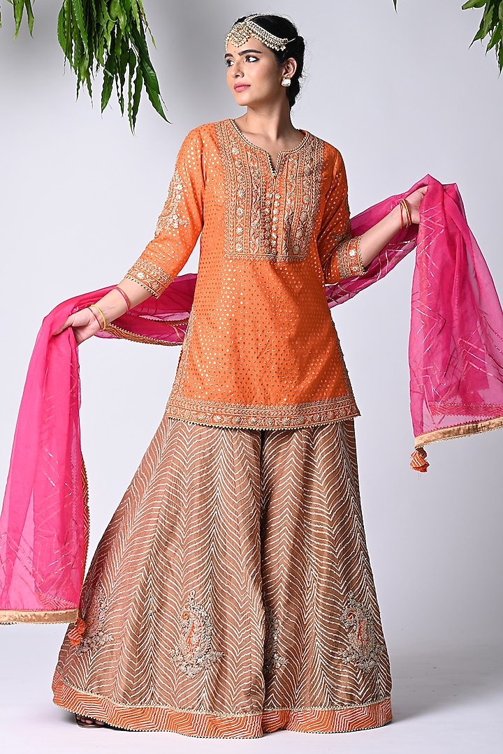 Coral Banarasi Sequins Handwork Sharara Set by Vannikaa Malik