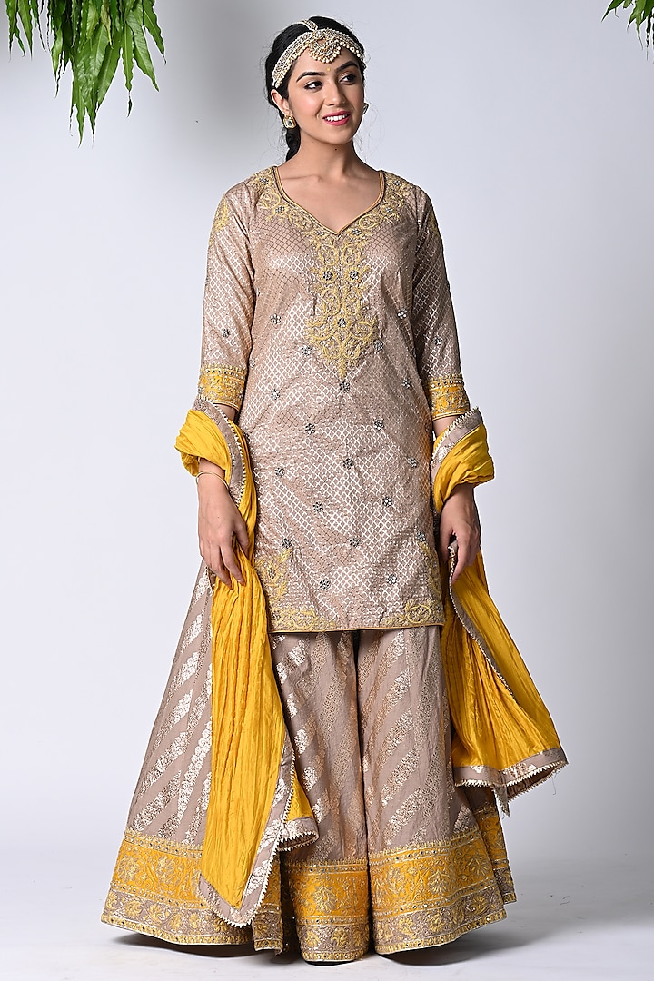 Grey Banarasi Embroidered Sharara Set by Vannikaa Malik