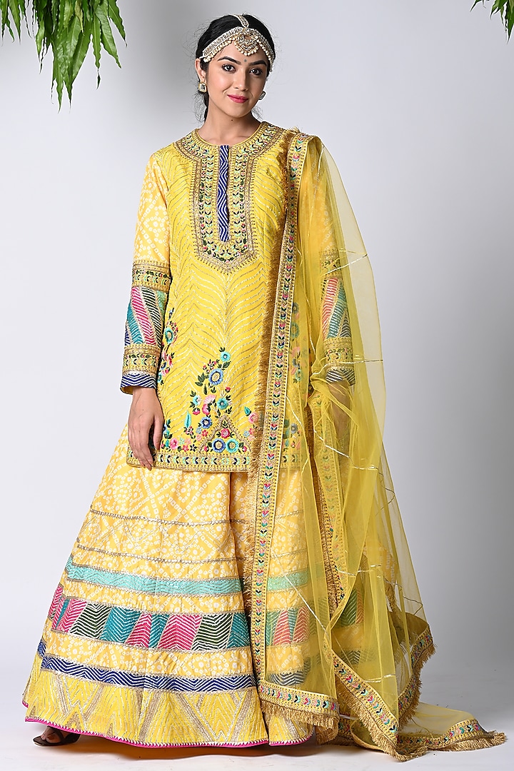 Yellow Banarasi Embroidered Sharara Set by Vannikaa Malik