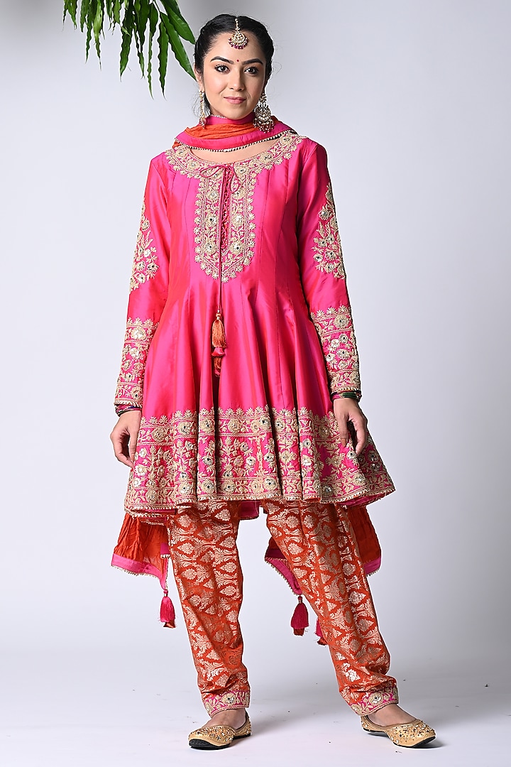 Rani Pink Dupion Silk Machine Embroidered Anarkali Set by Vannikaa Malik