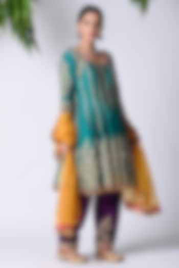 Rama Green Dupion Silk Machine Embroidered Wedding Anarkali Set by Vannikaa Malik at Pernia's Pop Up Shop