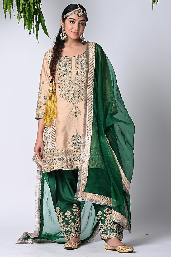 Golden Dupion Silk Dori Embroidered Kurta Set by Vannikaa Malik