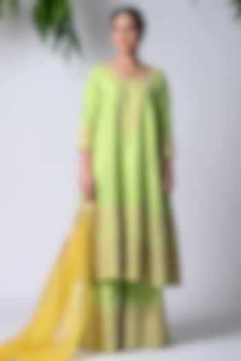 Lime Green Silk Dori Embroidered Kurta Set by Vannikaa Malik