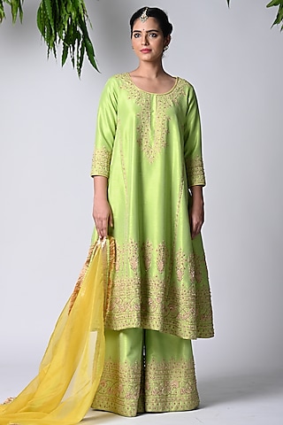 Lime Green Silk Dori Embroidered Kurta Set by Vannikaa Malik