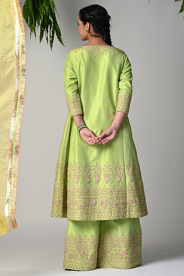 Lime Green Silk Dori Embroidered Kurta Set by Vannikaa Malik at Pernia's Pop Up Shop