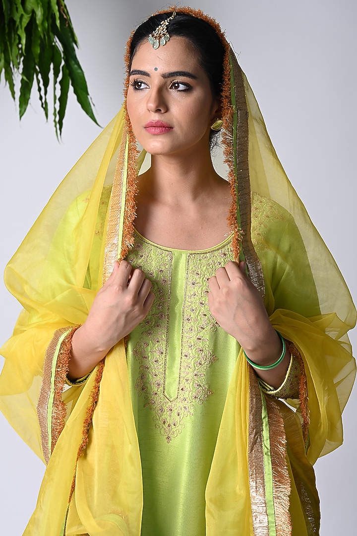 Lime Green Silk Dori Embroidered Kurta Set by Vannikaa Malik at Pernia's Pop Up Shop