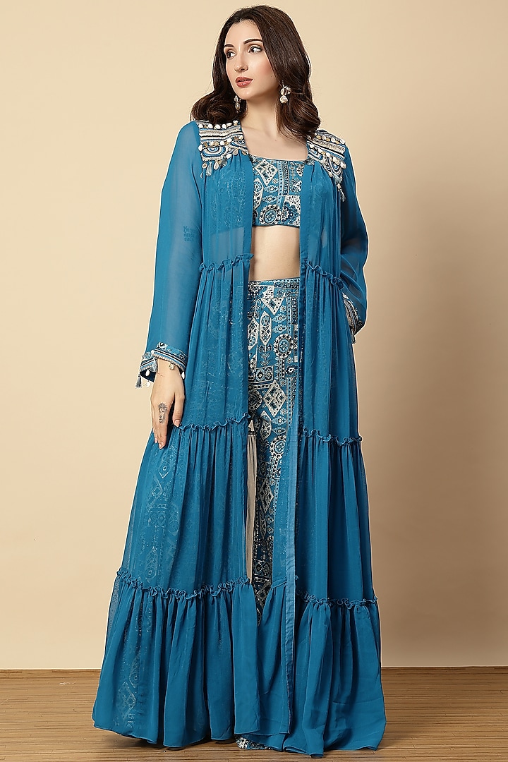 Royal Blue Chinon Floral Printed Sharara Set by Vannikaa Malik at Pernia's Pop Up Shop