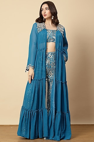 Royal Blue Chinon Floral Printed Sharara Set by Vannikaa Malik
